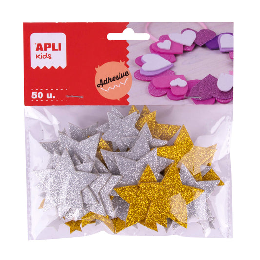Étoiles en mousse adhésives pailletées Or et Argent - 50 u.